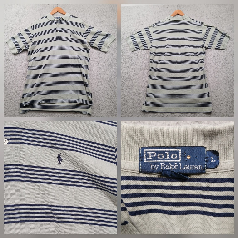 Polo Ralph Lauren Polo‎ Shirt Mens Large Cream Blue Stripe Short Sleeve